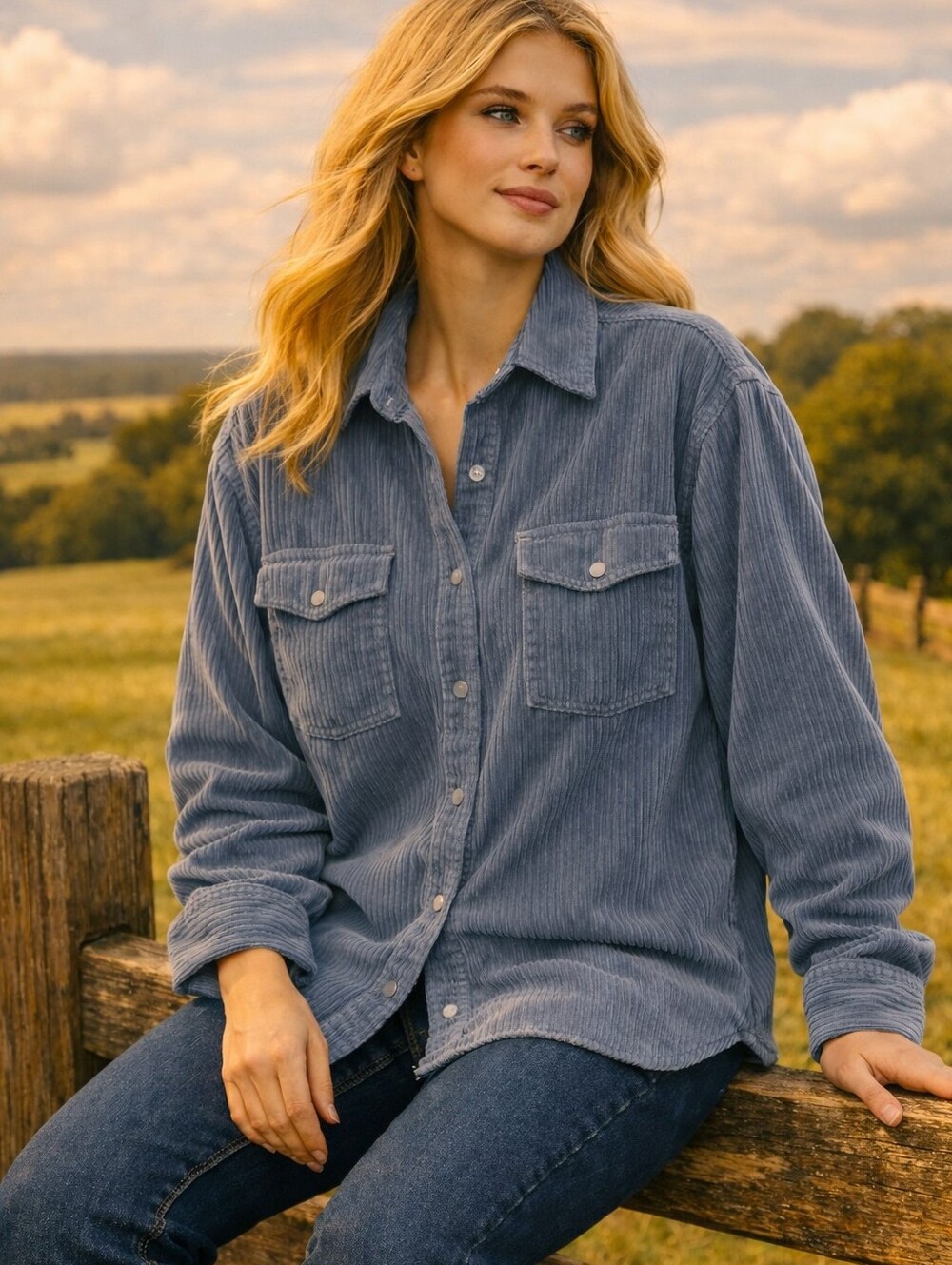 ICONE. by Simons womens cordoroy Oversize boyfriend Slate Blue shirt Size Large